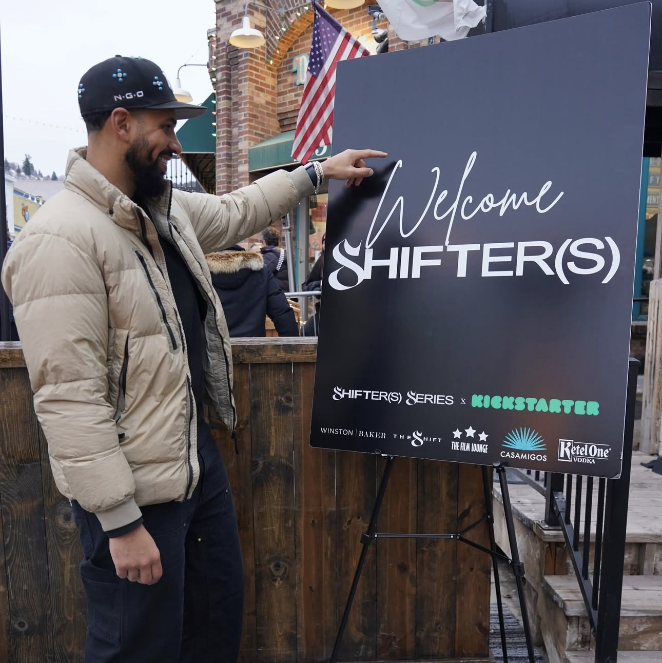 Welcome Shifter(s) signage on Main Street, Park City during Sundance
